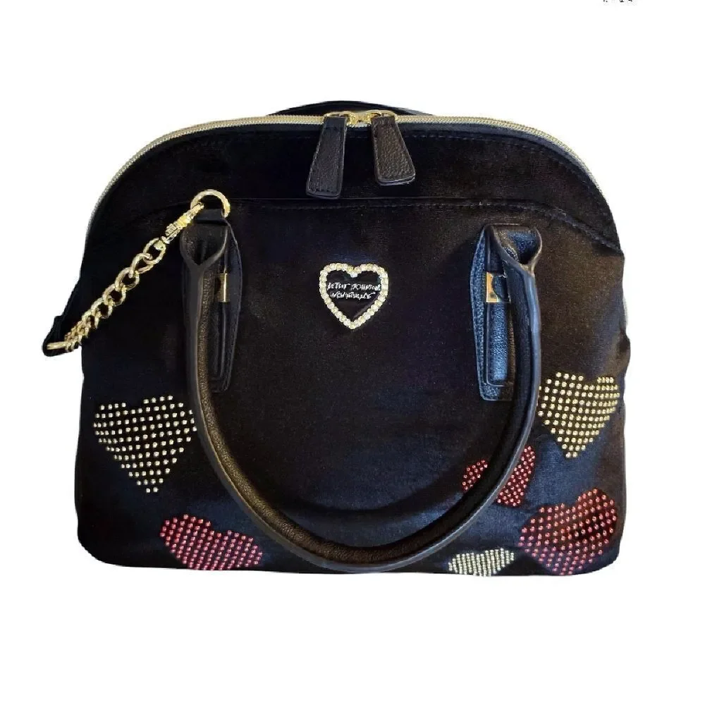 Betsey‎ Johnson Black Velvet Studded Hearts Dome Satchel Crossbody Bag Large